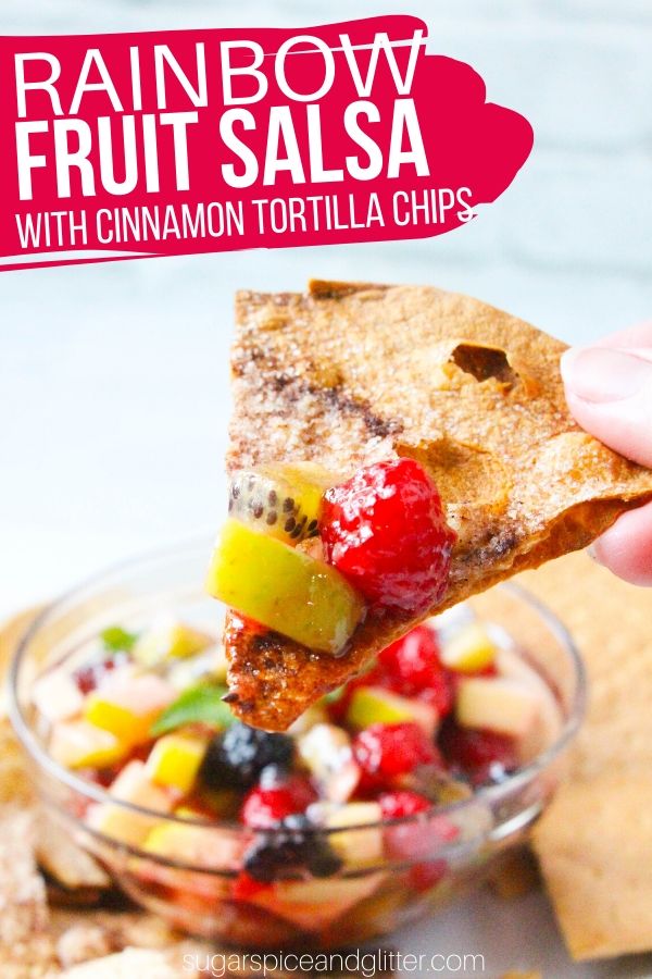 A delicious dessert salsa made with fresh fruit and served with homemade cinnamon tortilla chips. An indulgent yet healthy dessert option at only 128cal and 9g of sugar per serving!