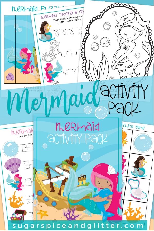 FREE Printable Mermaid Activity Pack - includes tracing activities for fine motor development, a mermaid puzzle, mermaid matching game and mermaid coloring sheet