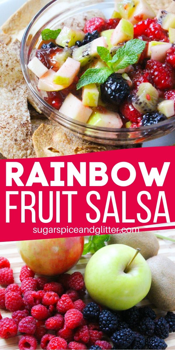 How to make a quick and easy Rainbow Fruit Salsa, a healthy dessert option that tastes just like fruit pie, especially when you serve it with homemade cinnamon tortilla chips
