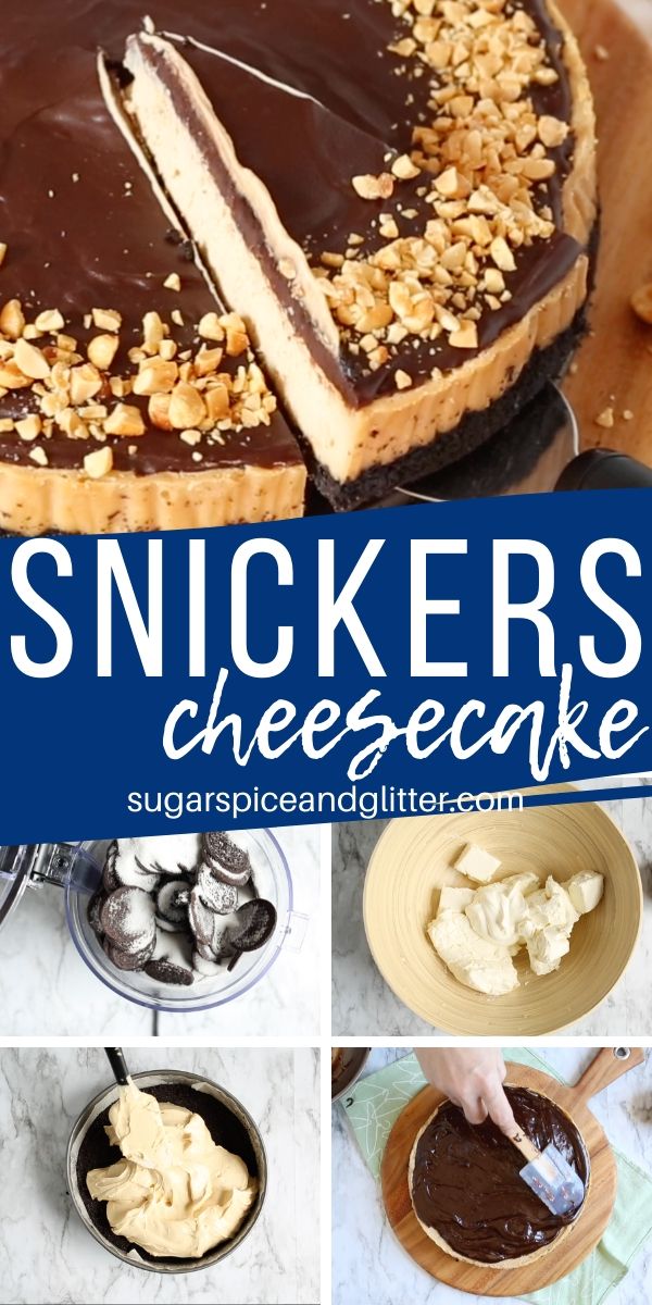 Buttery OREO cookie crust, rich peanut butter cheesecake filling, and a silky chocolate ganache topped with peanuts - the ultimate chocolate peanut butter cheesecake for Snickers fans!