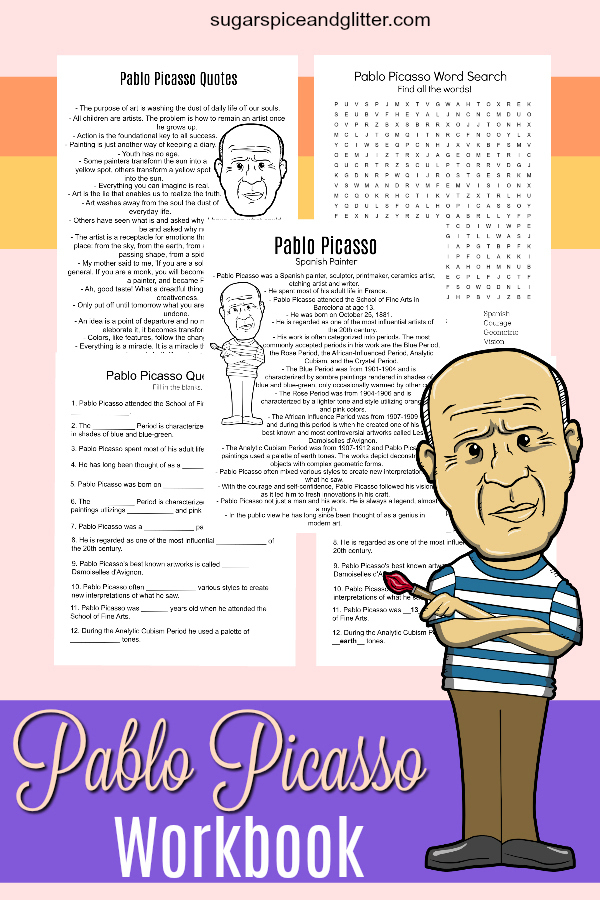 Grab your free printable Pablo Picasso Workbook for a fun way to learn about the artist's life as part of an Artist Study - and then try to make your own Picasso-inspired art!