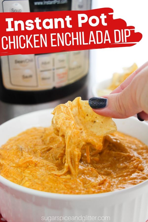 The perfect cheesy party dip, this Instant Pot Chicken Enchilada Dip has all of the flavors of your favorite chicken enchiladas, in a yummy dip form! Perfect for parties or late-night comfort food