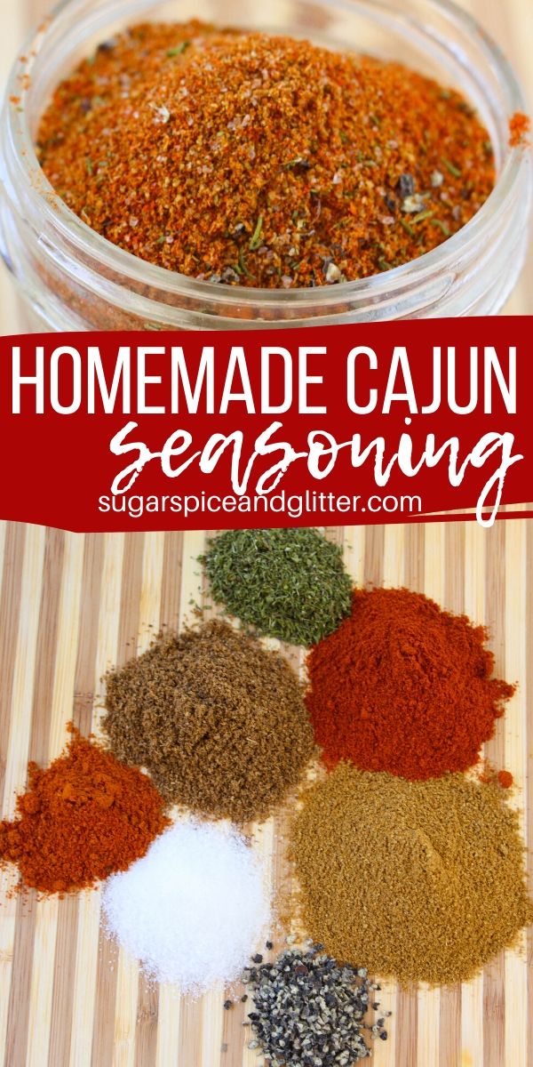 Add some spice to your next meal with this easy homemade cajun seasoning. Skip the expensive little bottles at the store, plus all their preservatives, by making your own! Makes a great homemade gift, too!