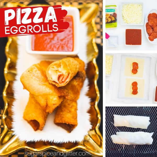 How to make pizza-stuffed egg rolls, a fun mash-up of pizza and egg rolls with a golden crunchy exterior and melted cheesy interior. Serve with dipping sauce to complete the pizza experience