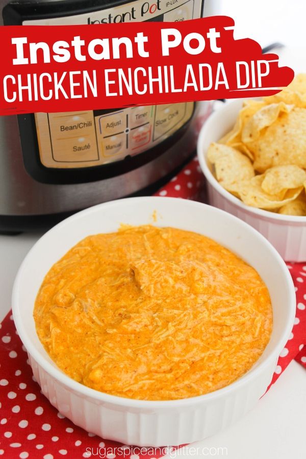 How to make the BEST Chicken Enchilada Dip in the Instant Pot - perfect for parties or a fun late night snack, this cheesy chicken dip is absolutely mouth-watering