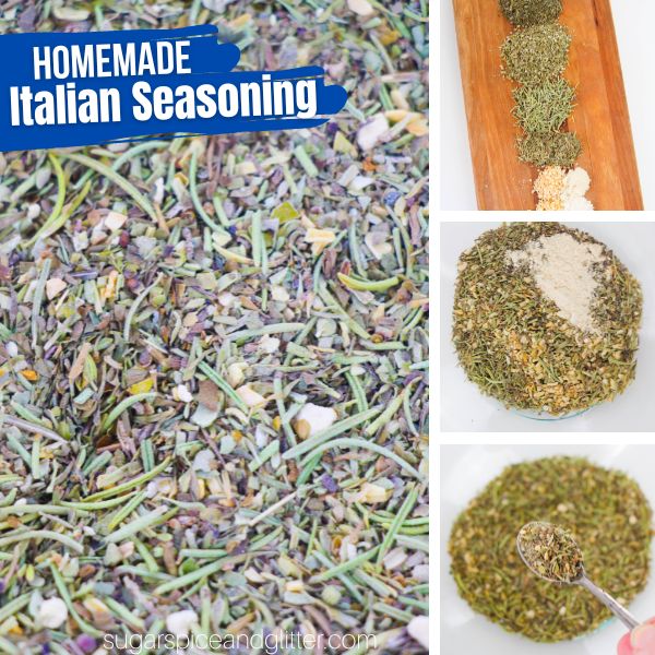 composite image containing a close-up of Italian seasoning plus the ingredients needed, plus two in-process images of making the seasoning