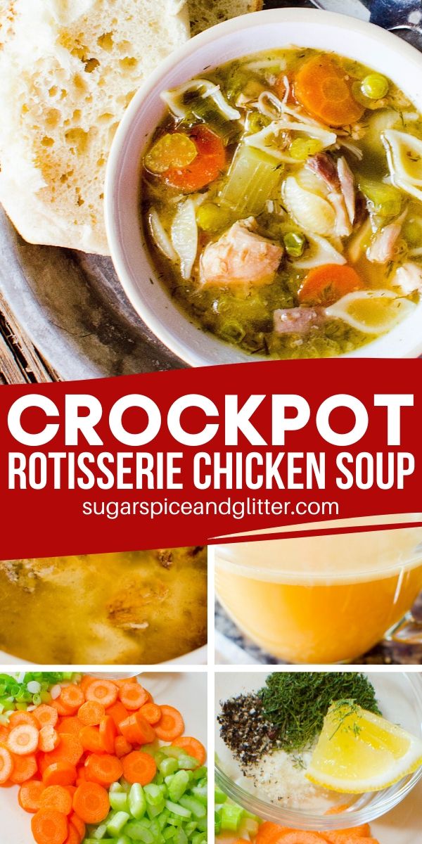 A super simple recipe for crockpot chicken soup - the perfect crockpot comfort food. Use a leftover rotisserie chicken to make the best broth ever, or use plain chicken and rotisserie seasoning