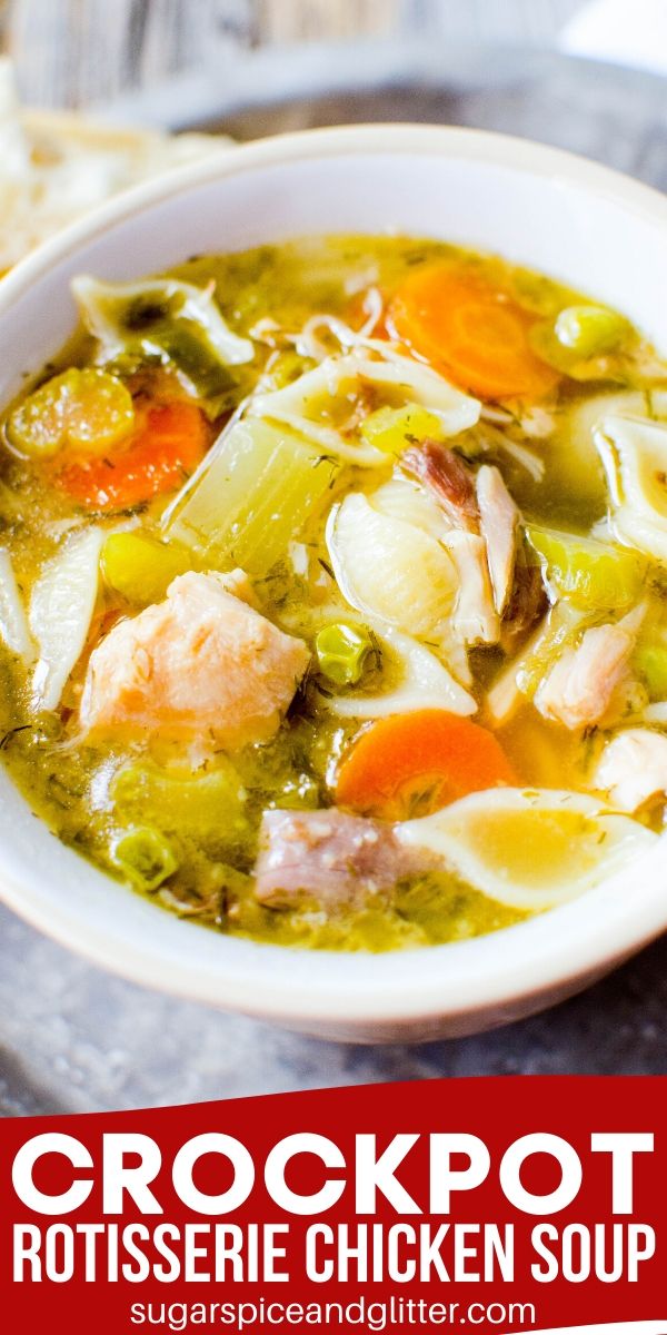 The perfect comfort food on a cold day, this Crockpot Chicken Soup uses leftover rotisserie chicken to make the most amazing, flavorful broth. Use plain chicken and your favorite seasonings if you don't have rotisserie chicken.