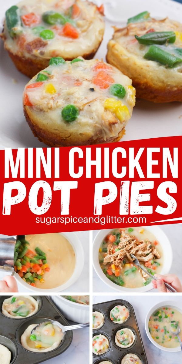How to make mini chicken pot pies - a super easy recipe kids can help make with only 4 ingredients. Perfect for an appetizer or main dish