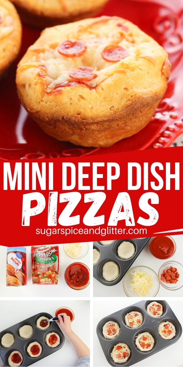 A fun pizza party food - Mini Deep Dish Pizzas! Just 4 ingredients and 15 minutes total time, making these super easy for kids to make for family pizza night or a party appetizer