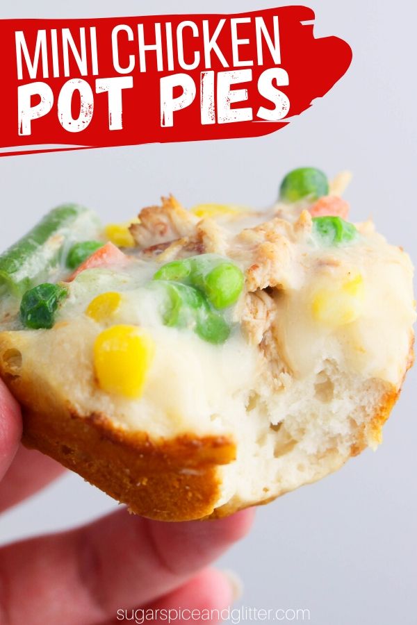 Perfect mini chicken pot pies - made with biscuit dough! These are such a fun option for kids, with a creamy gravy, perfectly cooked vegetables and a buttery crust. Only 4 ingredients and super delicious