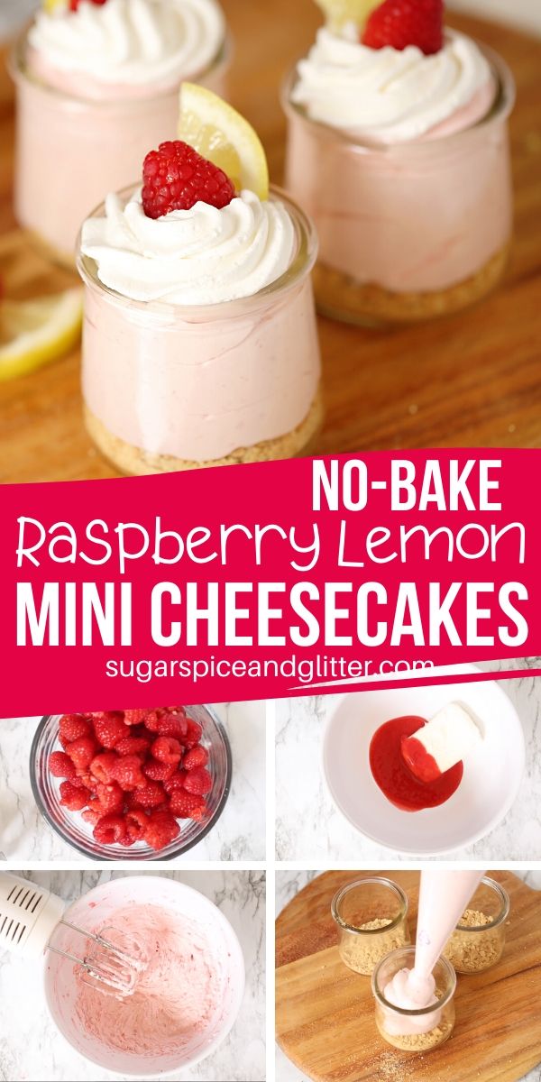 A super simple recipe for No-Bake Raspberry Cheesecakes, inspired by raspberry lemonade! A refreshing and tart summer dessert perfect for BBQs or summer parties. Fresh raspberries and lemon, no artificial flavoring