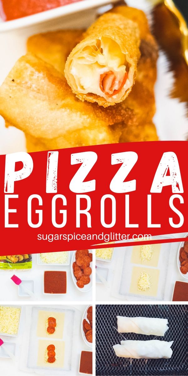 Yum! These pizza egg rolls are such a unique pizza recipe for parties, family movie night, etc. This super simple pizza appetizer can be made in a skillet, airfryer or deep fryer