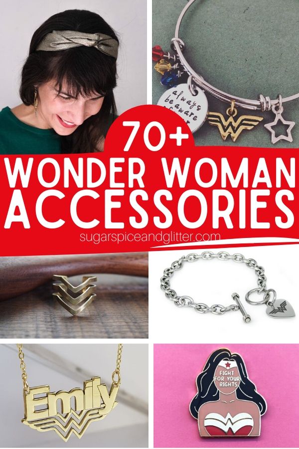 Over 70 Unique and gorgeous Wonder Woman Accessories for the wonderful woman in your life (or a special treat for yourself). Everything from rings and cuffs, to hair accessories and wallets