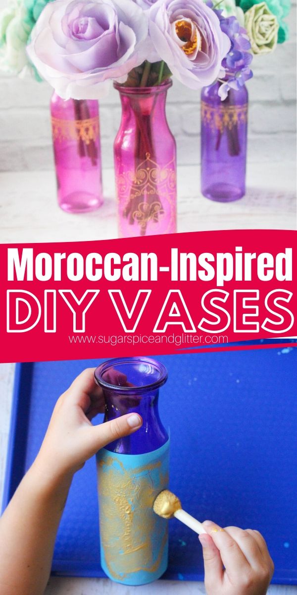 An easy craft for kids to make for DIY room decor or a sweet homemade gift. These Princess Jasmine-inspired vases take less than 5 minutes to make!