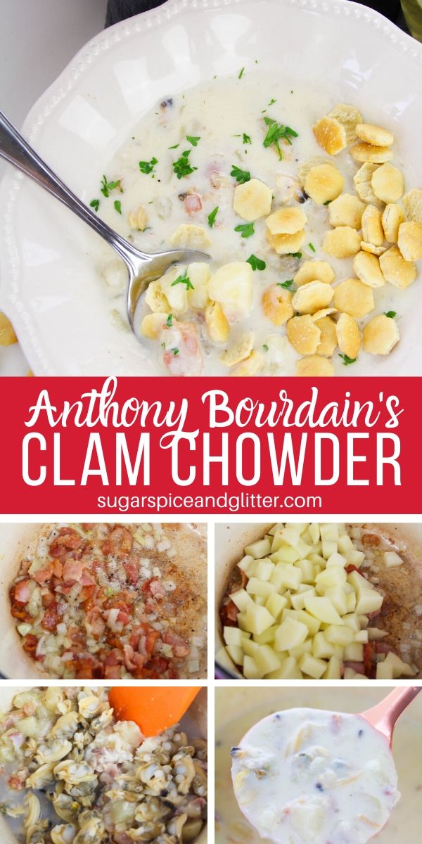 How to make Anthony Bourdain's famous clam chowder recipe, chock full with bacon, potatoes and clams. The best soup for a cold day - serve it in a bread bowl to make it even more indulgent