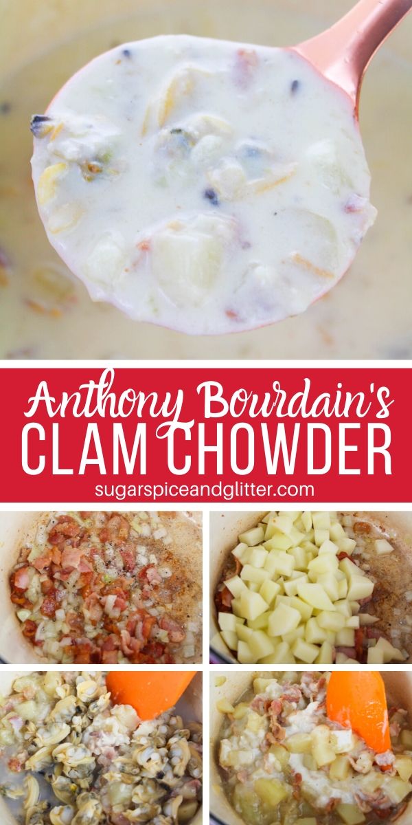 How to make Anthony Bourdain's famous clam chowder recipe, chock full with bacon, potatoes and clams. The best soup for a cold day - serve it in a bread bowl to make it even more indulgent