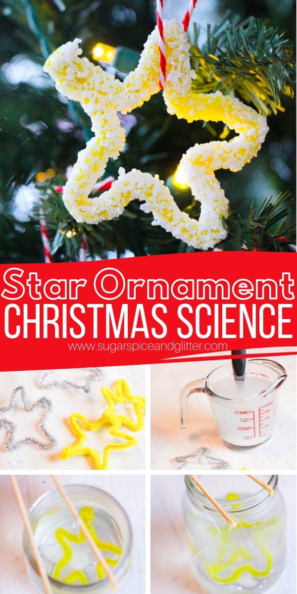 How to grow your own crystal stars for a pretty kid-made Star Ornament. This Christmas science experiment is super simple and requires only a few basic household materials to magically transform pipe cleaners into crystal ornaments
