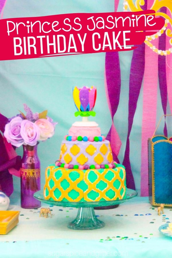 How to make a super simple Princess Jasmine birthday cake - so easy, the kids can help make it! This three-tier birthday cake uses a combination of homemade buttercream and edible gold fondant and can be made smaller if you have a smaller party