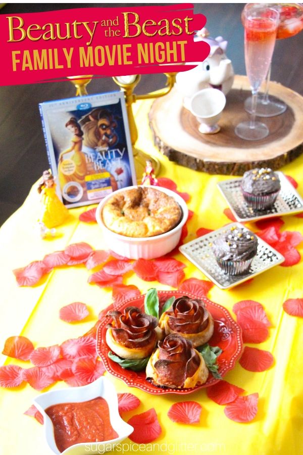 An amazing themed Disney movie night for Beauty and the Beast: pizza roses, gray stuff, cheese souffle, and a stained glass craft for kids - plus lots of other menu and craft ideas. Plus a free printable to help plan an epic movie night of your own