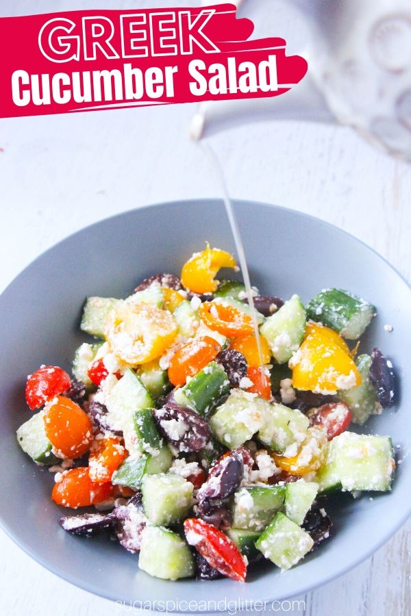A super easy summer salad recipe, perfect for potlucks, tailgating, or an easy side dish. This Greek cucumber salad features fresh veggies, an easy Greek salad dressing and fresh feta cheese