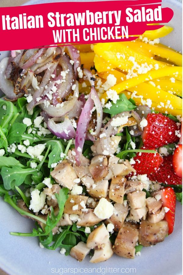 This easy Italian salad features arugula, chicken, charred red onions and bell peppers, strawberries, feta and a homemade Italian-dijon dressing that you will be licking off the bowl! So good, so healthy and so filling!