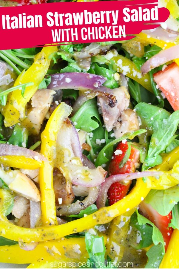 A super simple Arugula Salad with Chicken and homemade Italian-dijon dressing is the perfect meal-sized salad for when you want something healthy yet filling. Perfect for a summer supper or lunch prep