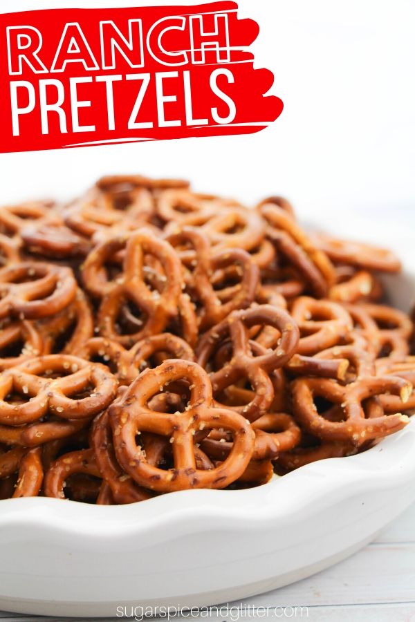 How to make super simple ranch seasoned pretzels - zesty, salty and oh so addictive! Perfect for road trips, parties or tailgating