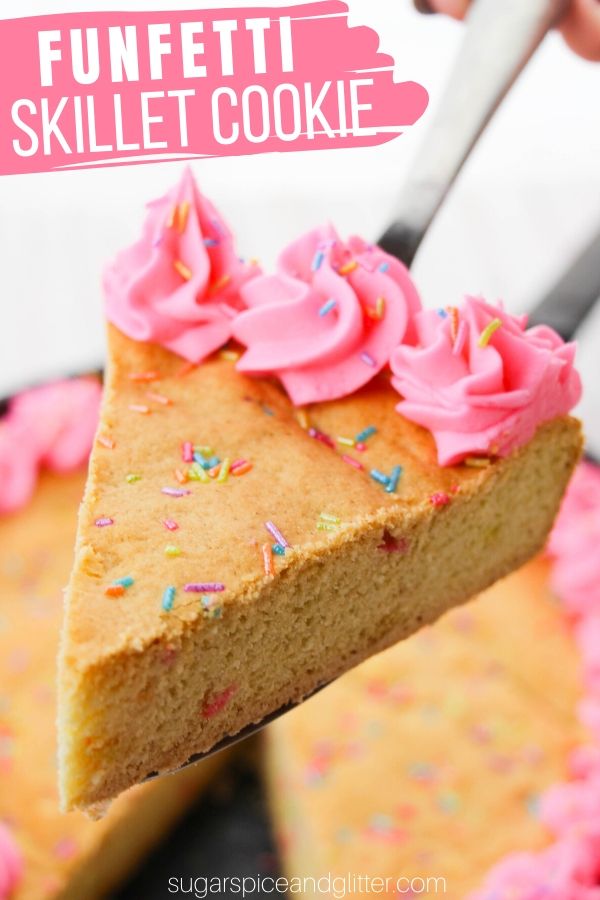 A super simple skillet dessert recipe for a giant funfetti skillet cookie. A from-scratch sugar cookie loaded with sprinkles and topped with buttercream frosting. Perfect for a birthday dessert if you don't like cake.