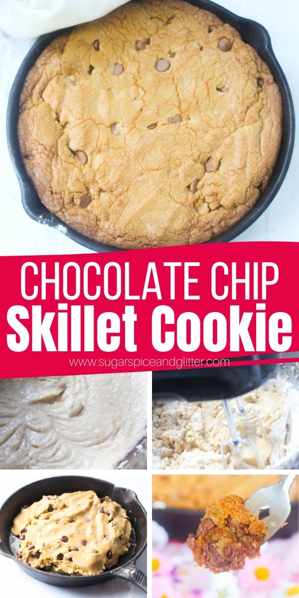 How to make a Chocolate Chip Skillet Cookie. This brown butter chocolate chip cookie has that perfect amount of crispy caramelization on the edges and the inside of the cookie is soft, tender and just melts in your mouth! Serve with ice cream for a truly decadent cookie sundae