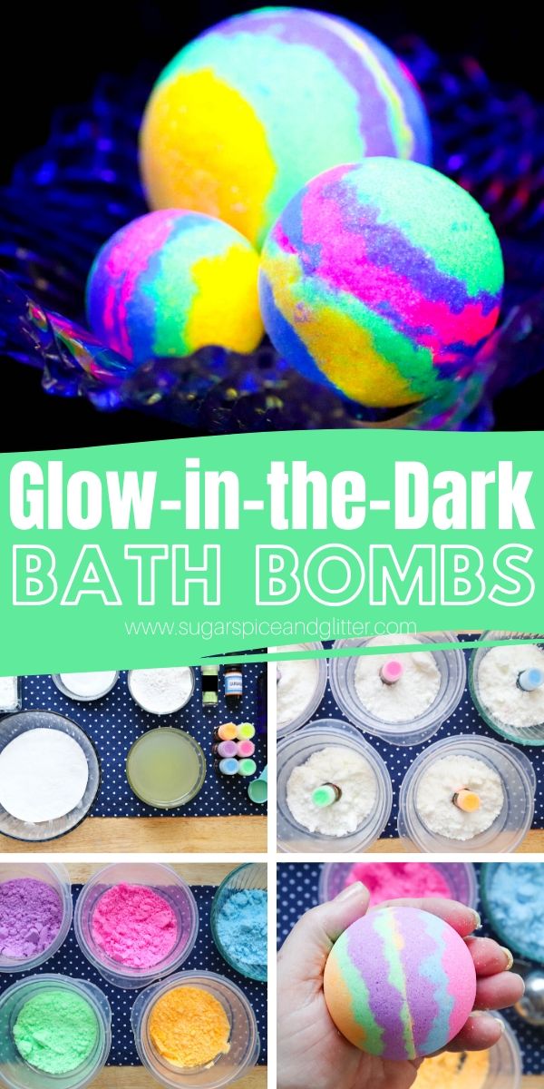 A super simple step-by-step tutorial for how to make GLOW IN THE DARK BATH BOMBS, including a how-to video.