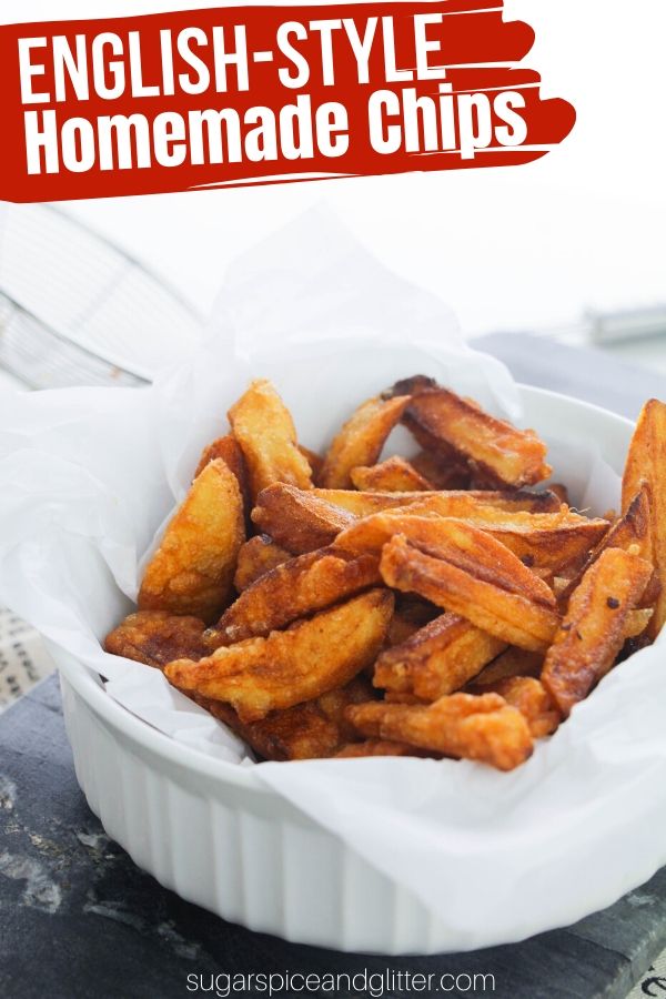 This Homemade English Chips recipe is super easy and delicious, but maybe too easy and delicious - you'll be making this easy side dish for every thing: steaks, seafood, burgers, etc. Includes how to fry, air fry or bake these golden fries