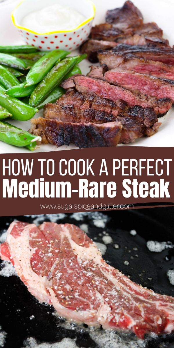 How to cook the perfect Medium Rare Steak in a Cast Iron Skillet. Includes tips on getting a delicious, crunchy sear, the best steaks to use, and whether to use the stove or the oven for best results
