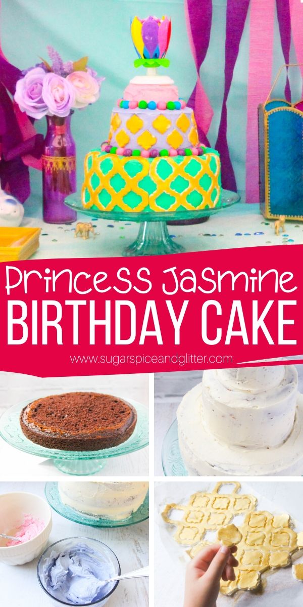 A step-by-step tutorial for a super simple Princess Jasmine birthday cake, perfect for an Arabian Nights theme or Aladdin birthday party