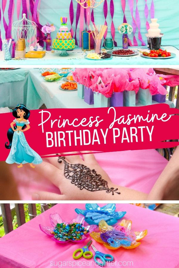 Everything you need to know to plan the ULTIMATE Princess Jasmine Party on a budget. Menu ideas, decor plans, party activities for kids, and easy party favors that double as party crafts.
