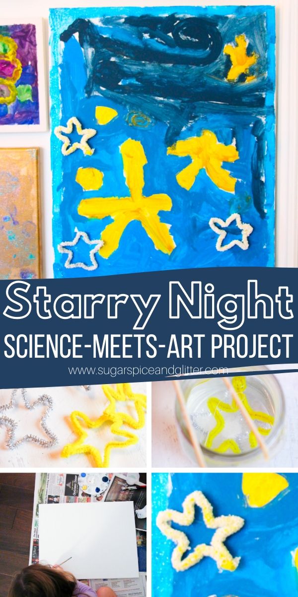 How to make a Starry Night craft with kids to teach them about van Gogh, plus how to grow crystal stars to add to your Starry Night painting for some added magic