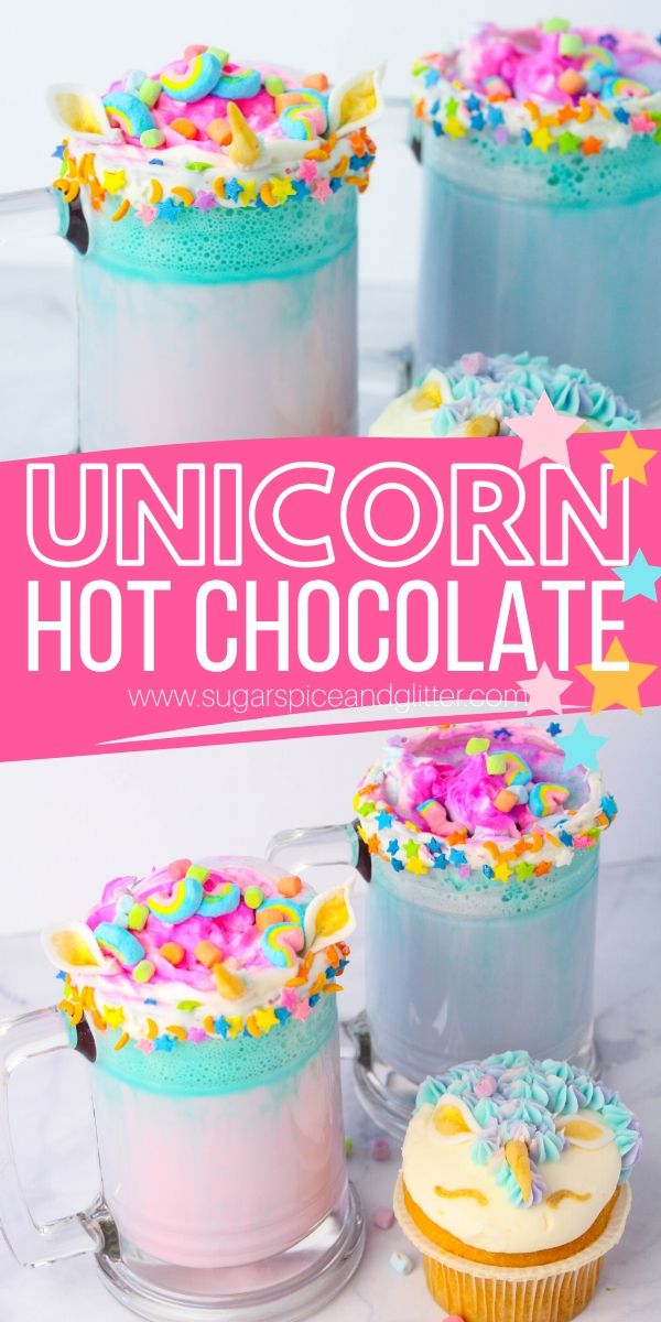 How to make the BEST Unicorn Hot Chocolate in just 5 minutes! These white chocolate hot cocoas are topped with whipped cream, sprinkles, marshmallows and even (optional) homemade unicorn horns and ears. Perfect for slumber parties or unicorn birthday parties