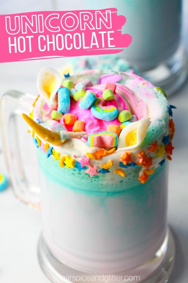 How to make the BEST Unicorn Hot Chocolate in just 5 minutes! These white chocolate hot cocoas are topped with whipped cream, sprinkles, marshmallows and even (optional) homemade unicorn horns and ears. Perfect for slumber parties or unicorn birthday parties