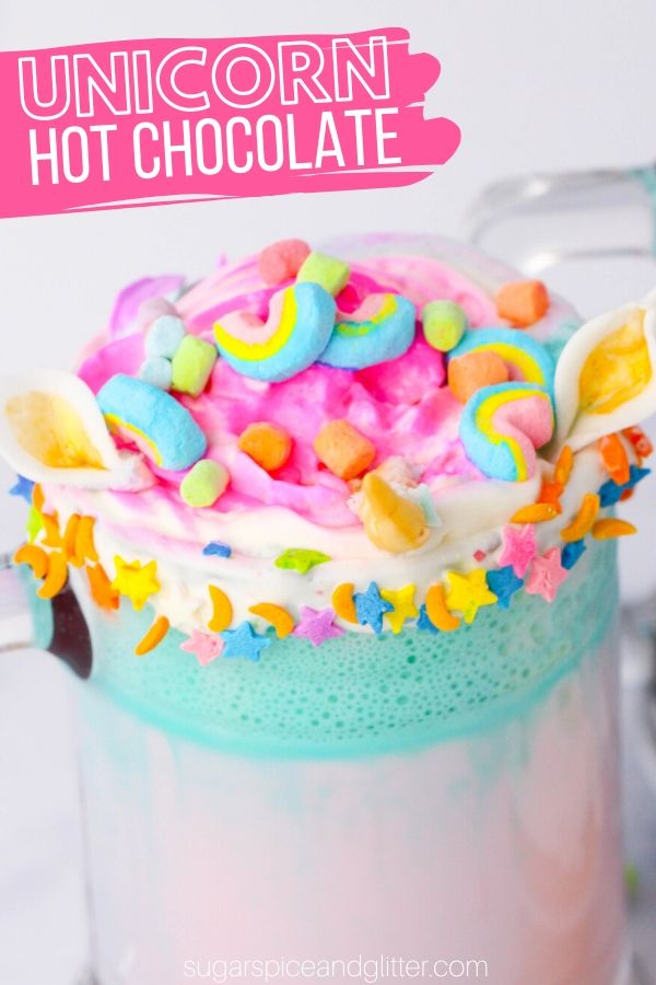 A super simple 5-minute unicorn hot chocolate is perfect for a slumber party, family night dessert, or a unicorn birthday party! A colorful and unique hot chocolate recipe kids will love making and enjoying