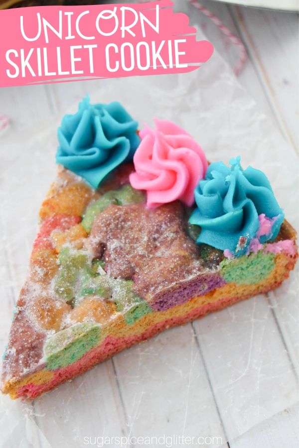 A Unicorn Dessert Recipe the kids will love, this super simple Skillet Sugar Cookies is bursting with bright colors and topped with a vanilla glaze, iridescent sprinkles and decadent buttercream frosting swirls