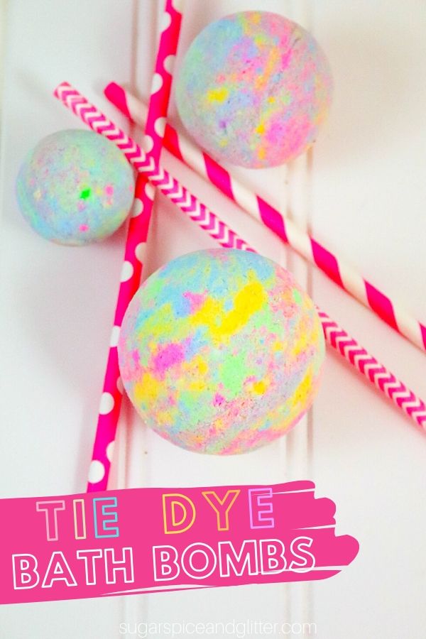 A colorful and fun bath bomb perfect for summer crafting, this Tie Dye Bath Bomb makes a gorgeous addition to your bath - or a fun homemade gift!