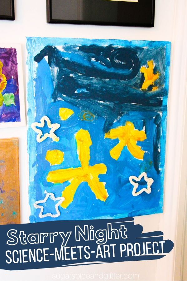 A gorgeous mixed media art project to teach kids about van Gogh, this Starry Night craft for kids incorporates an easy grow-your-own-crystal science experiment that double as gorgeous, sparkly stars in the final art project