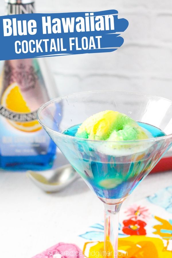 How to make a Blue Hawaiian Cocktail Float, a delicious summer party drink with pineapple sorbet, coconut rum and blue curacao