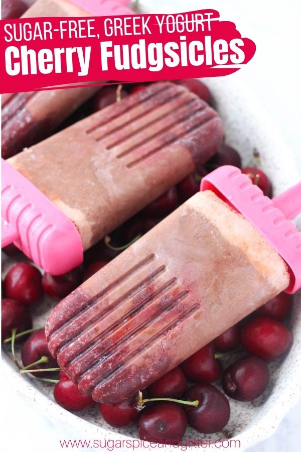 Cherry Chocolate Fudgesicles are the sweet treat of the summer! These homemade chocolate popsicles are sugar-free and have added protein, making them a healthy dessert for kids
