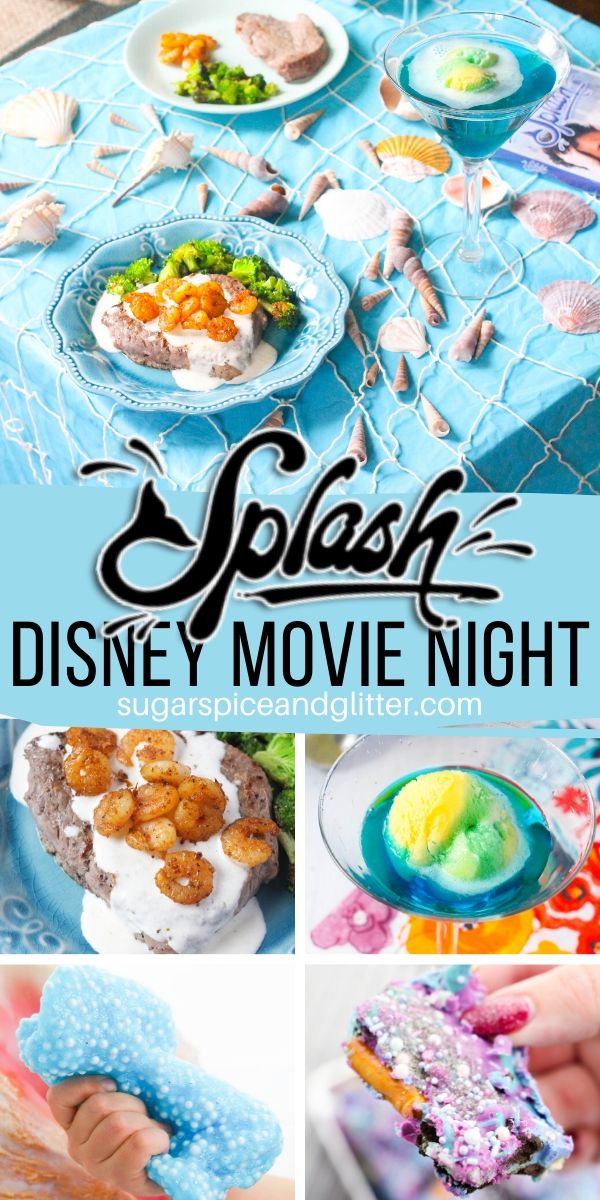 A fun Mermaid Family Movie Night inspired by the Disney movie Splash. This movie night features a mermaid slime, surf and turf main course, easy movie night decor, a fun mermaid party punch and a no-bake mermaid dessert kids can make