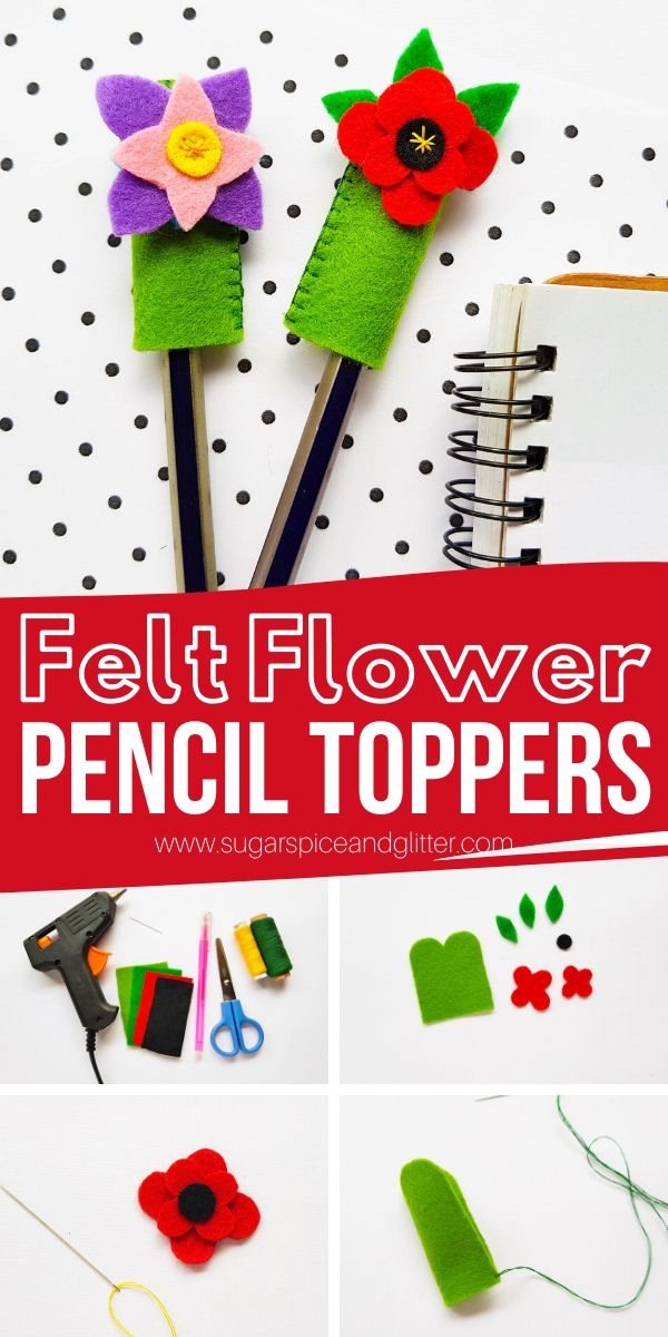 How to make a felt pencil topper to personalize your school supplies! These felt flower pencil toppers are cute displayed on a desk and also make a cute homemade gift for a writer