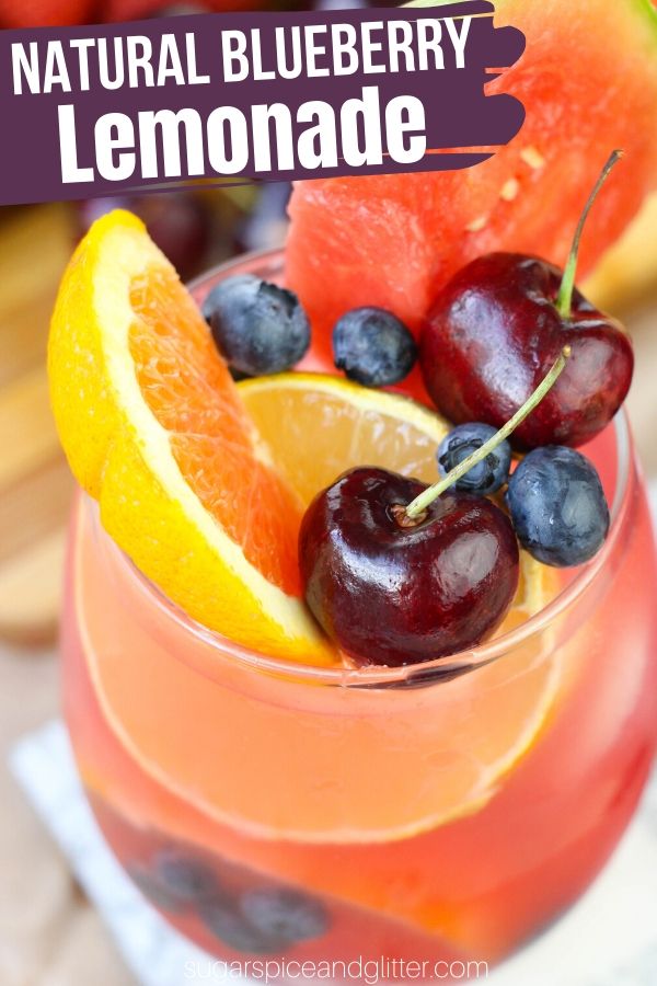 An easy homemade fruit lemonade recipe with no sugar - this gorgeous Blueberry Lemonade is perfect for parties or just enjoying with friends on a hot summer day.
