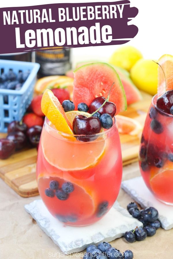 The perfect summer drink recipe - this gorgeous Blueberry Lemonade is made with no sugar thanks to a quick, homemade blueberry syrup. It's a fun and healthy addition to your summer parties