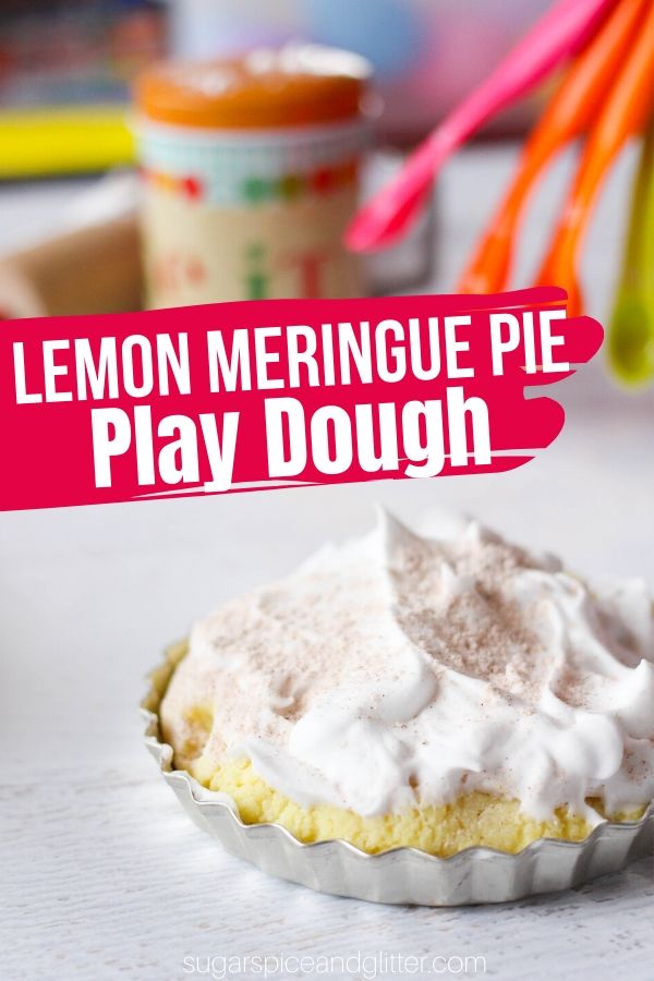 A fun bake shop inspired play dough activity, this Lemon Meringue Pie Play Dough uses a super simple lemon play dough and some simple kitchen materials to make a hands-on sensory play experience that teaches literacy, numeracy and fine motor skills while being a ton of fun!