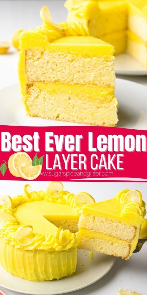 How to make a lemon layer cake with easy lemon buttercream frosting. This homemade lemon cake recipe is super simple and tastes way better than any boxed lemon cake!